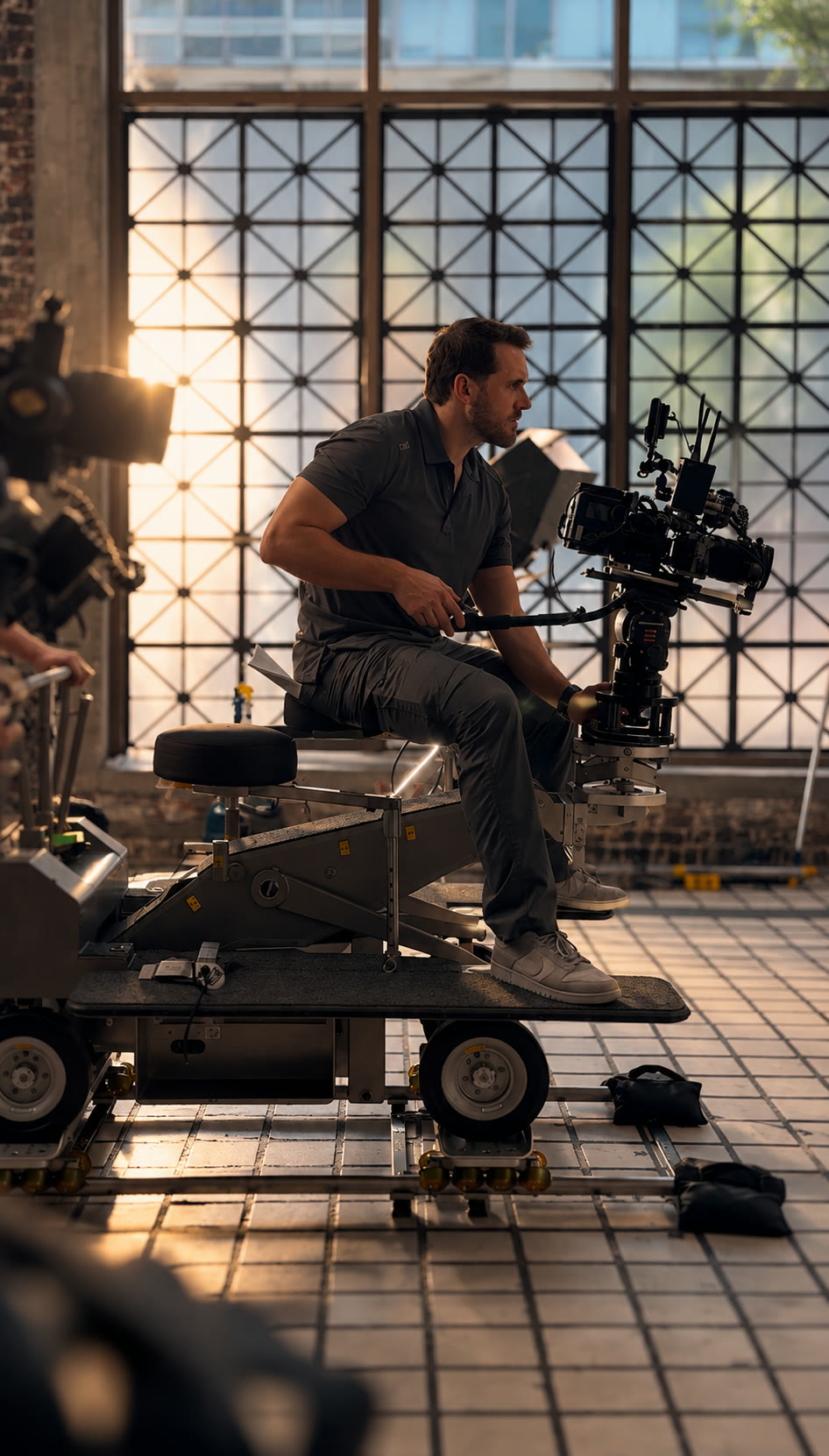 Rob LaColla operating cinema camera dolly on set